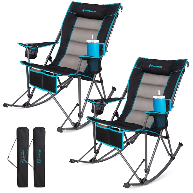 FUNDANGO Oversized Rocking Camping Chair | High Back Padded Folding Rocker with Cup Holders, 440lb Capacity Heavy Duty Outdoor Chair