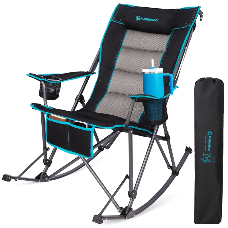 FUNDANGO Oversized Rocking Camping Chair | High Back Padded Folding Rocker with Cup Holders, 440lb Capacity Heavy Duty Outdoor Chair