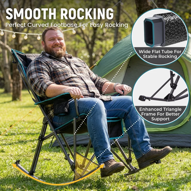 FUNDANGO Oversized Rocking Camping Chair | High Back Padded Folding Rocker with Cup Holders, 440lb Capacity Heavy Duty Outdoor Chair