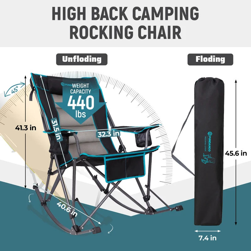 FUNDANGO Oversized Rocking Camping Chair | High Back Padded Folding Rocker with Cup Holders, 440lb Capacity Heavy Duty Outdoor Chair
