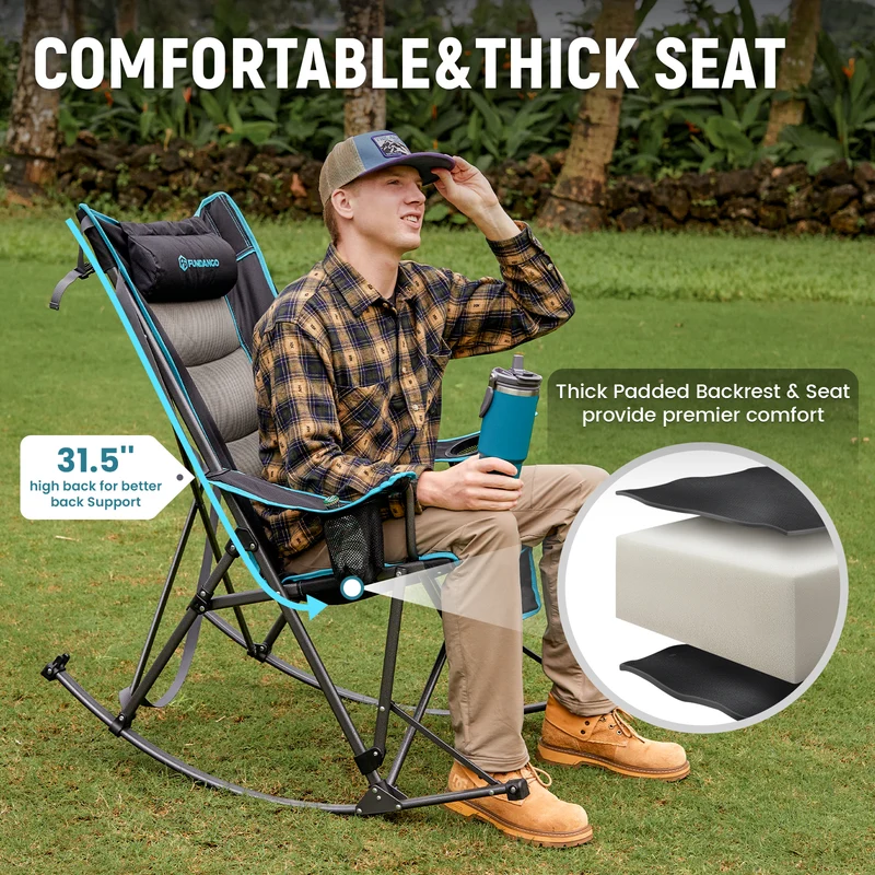 FUNDANGO Oversized Rocking Camping Chair | High Back Padded Folding Rocker with Cup Holders, 440lb Capacity Heavy Duty Outdoor Chair