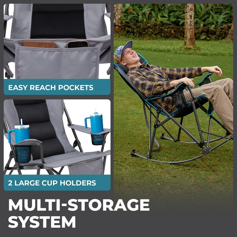 FUNDANGO Oversized Rocking Camping Chair | High Back Padded Folding Rocker with Cup Holders, 440lb Capacity Heavy Duty Outdoor Chair
