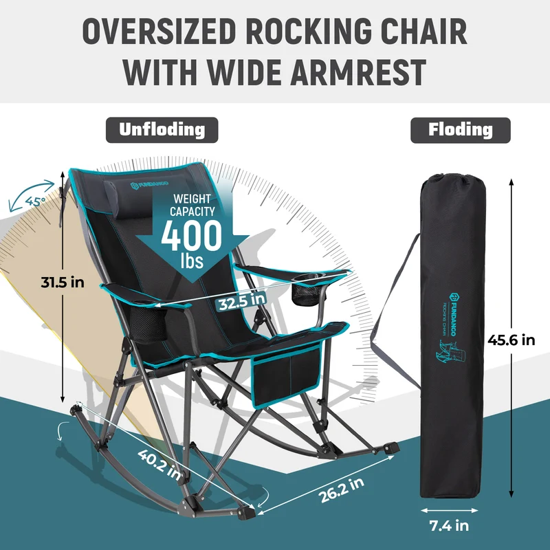 FUNDANGO Oversized Rocking Camping Chair | High Back Padded Folding Rocker with Cup Holders, 440lb Capacity Heavy Duty Outdoor Chair