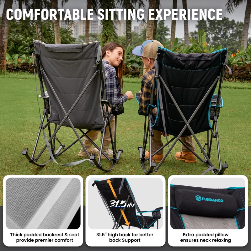 FUNDANGO Oversized Rocking Camping Chair | High Back Padded Folding Rocker with Cup Holders, 440lb Capacity Heavy Duty Outdoor Chair