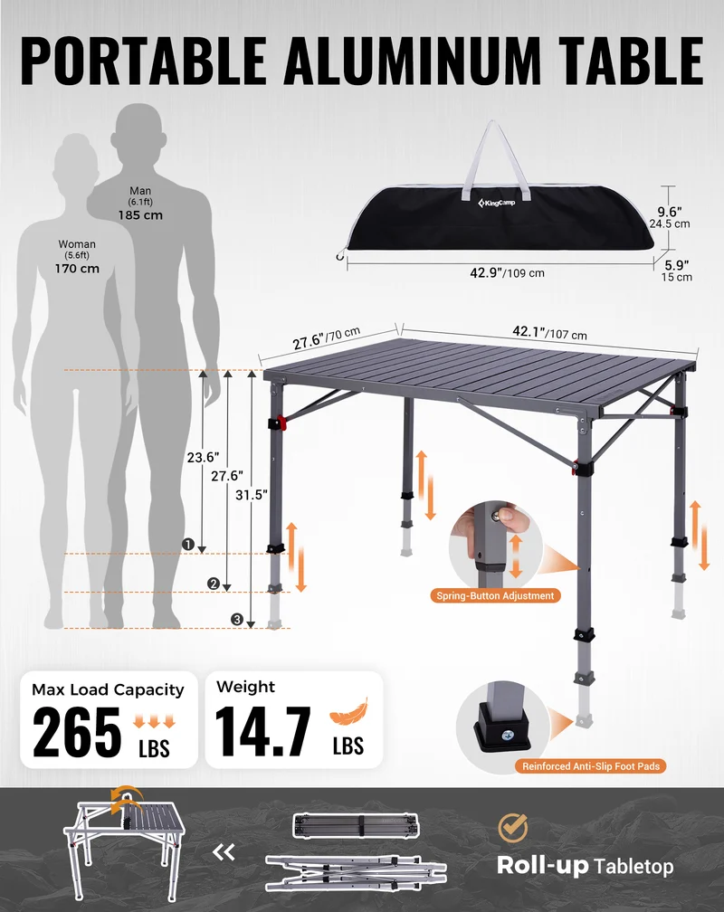 KingCamp Folding Aluminum Roll-Top Camping Table | 3 Adjustable Heights (23.6"-31.5"), Portable 4-6 Person Picnic Table with Carry Bag