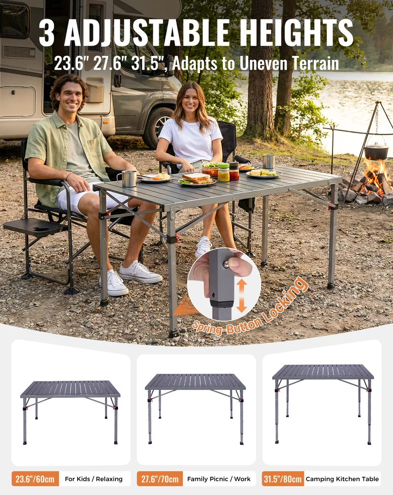 KingCamp Folding Aluminum Roll-Top Camping Table | 3 Adjustable Heights (23.6"-31.5"), Portable 4-6 Person Picnic Table with Carry Bag