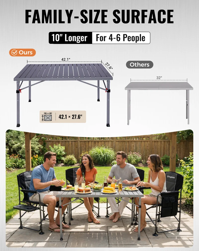 KingCamp Folding Aluminum Roll-Top Camping Table | 3 Adjustable Heights (23.6"-31.5"), Portable 4-6 Person Picnic Table with Carry Bag
