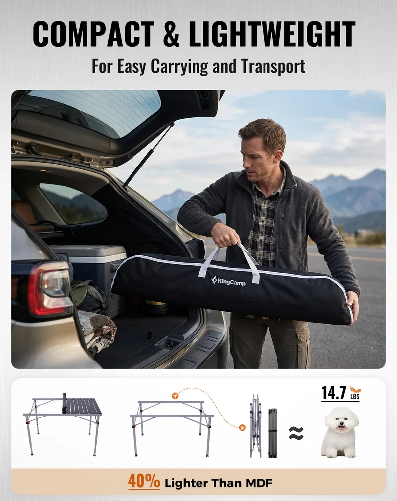 KingCamp Folding Aluminum Roll-Top Camping Table | 3 Adjustable Heights (23.6"-31.5"), Portable 4-6 Person Picnic Table with Carry Bag
