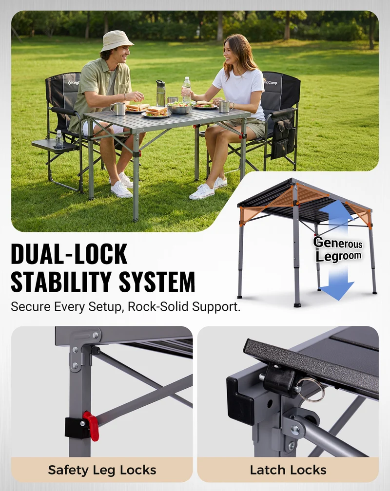KingCamp Folding Aluminum Roll-Top Camping Table | 3 Adjustable Heights (23.6"-31.5"), Portable 4-6 Person Picnic Table with Carry Bag