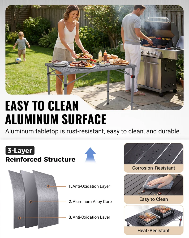 KingCamp Folding Aluminum Roll-Top Camping Table | 3 Adjustable Heights (23.6"-31.5"), Portable 4-6 Person Picnic Table with Carry Bag