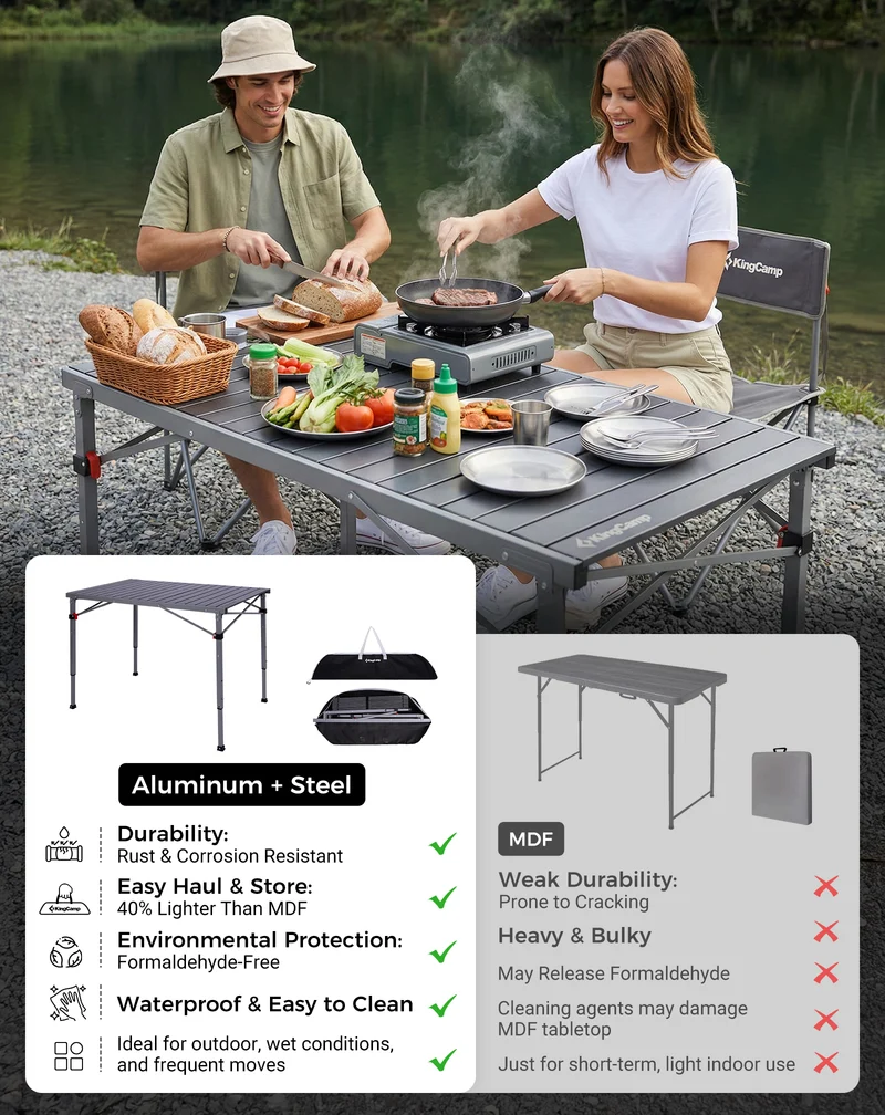 KingCamp Folding Aluminum Roll-Top Camping Table | 3 Adjustable Heights (23.6"-31.5"), Portable 4-6 Person Picnic Table with Carry Bag