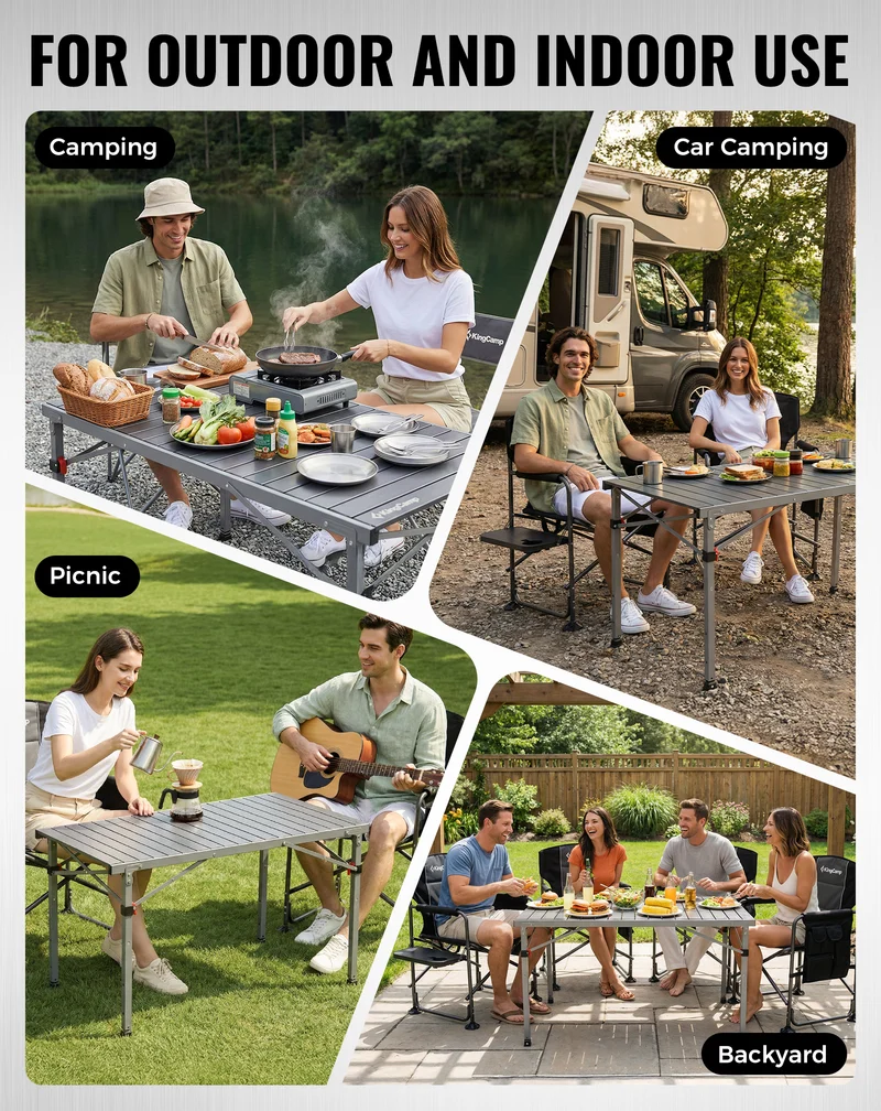 KingCamp Folding Aluminum Roll-Top Camping Table | 3 Adjustable Heights (23.6"-31.5"), Portable 4-6 Person Picnic Table with Carry Bag