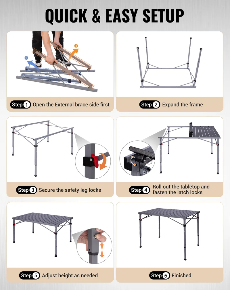 KingCamp Folding Aluminum Roll-Top Camping Table | 3 Adjustable Heights (23.6"-31.5"), Portable 4-6 Person Picnic Table with Carry Bag