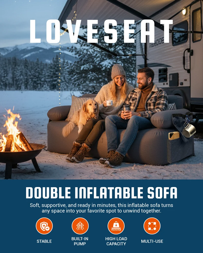 KingCamp Double Inflatable Camping Sofa with Built-in Electric Pump | 880LB Heavy Duty 2-Person Outdoor Air Loveseat