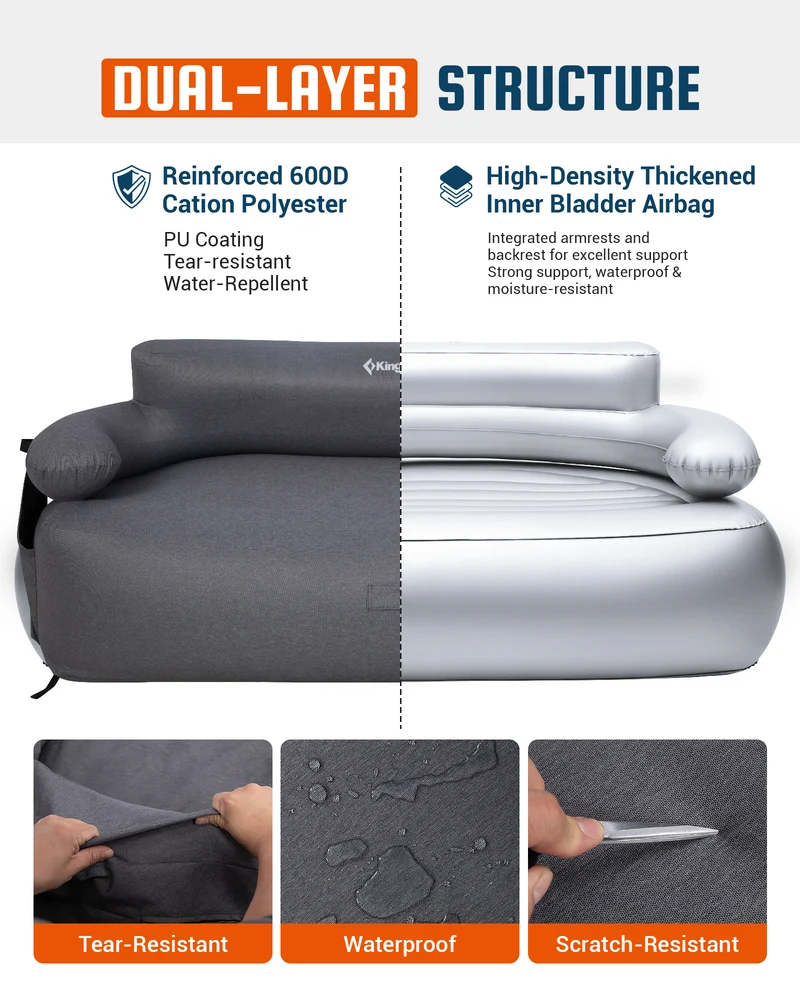 KingCamp Double Inflatable Camping Sofa with Built-in Electric Pump | 880LB Heavy Duty 2-Person Outdoor Air Loveseat