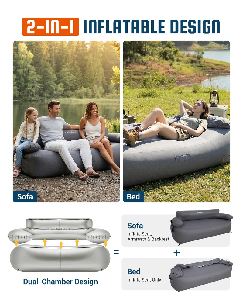KingCamp Double Inflatable Camping Sofa with Built-in Electric Pump | 880LB Heavy Duty 2-Person Outdoor Air Loveseat