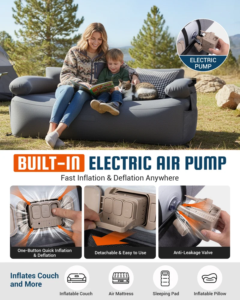KingCamp Double Inflatable Camping Sofa with Built-in Electric Pump | 880LB Heavy Duty 2-Person Outdoor Air Loveseat