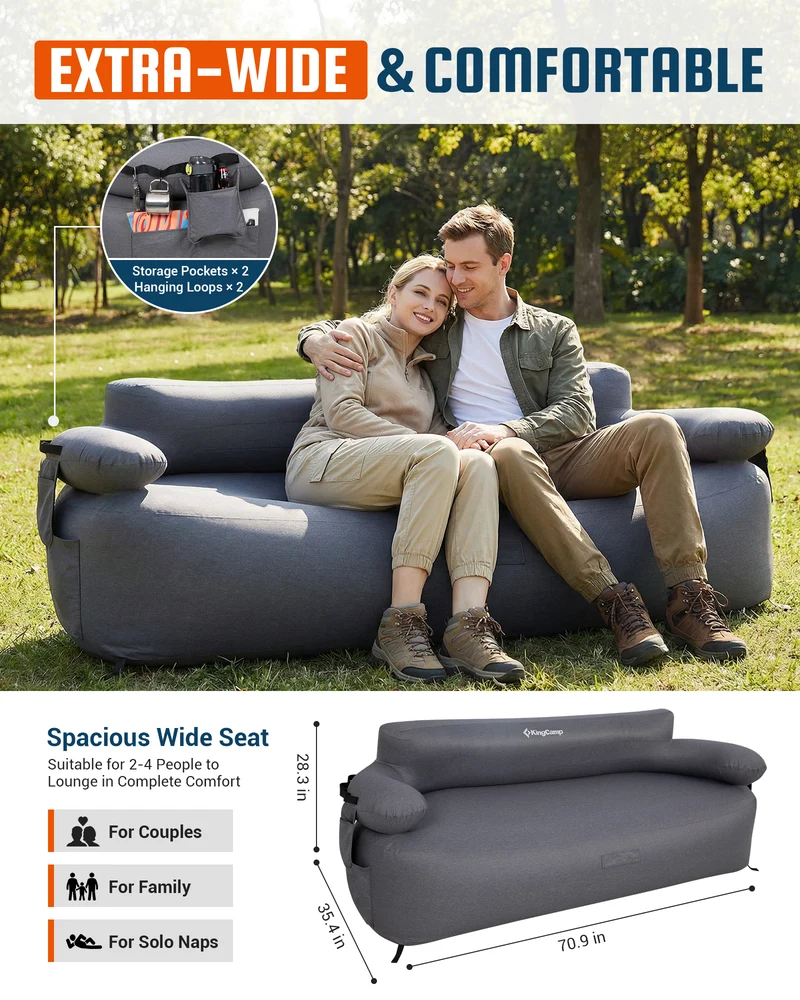 KingCamp Double Inflatable Camping Sofa with Built-in Electric Pump | 880LB Heavy Duty 2-Person Outdoor Air Loveseat