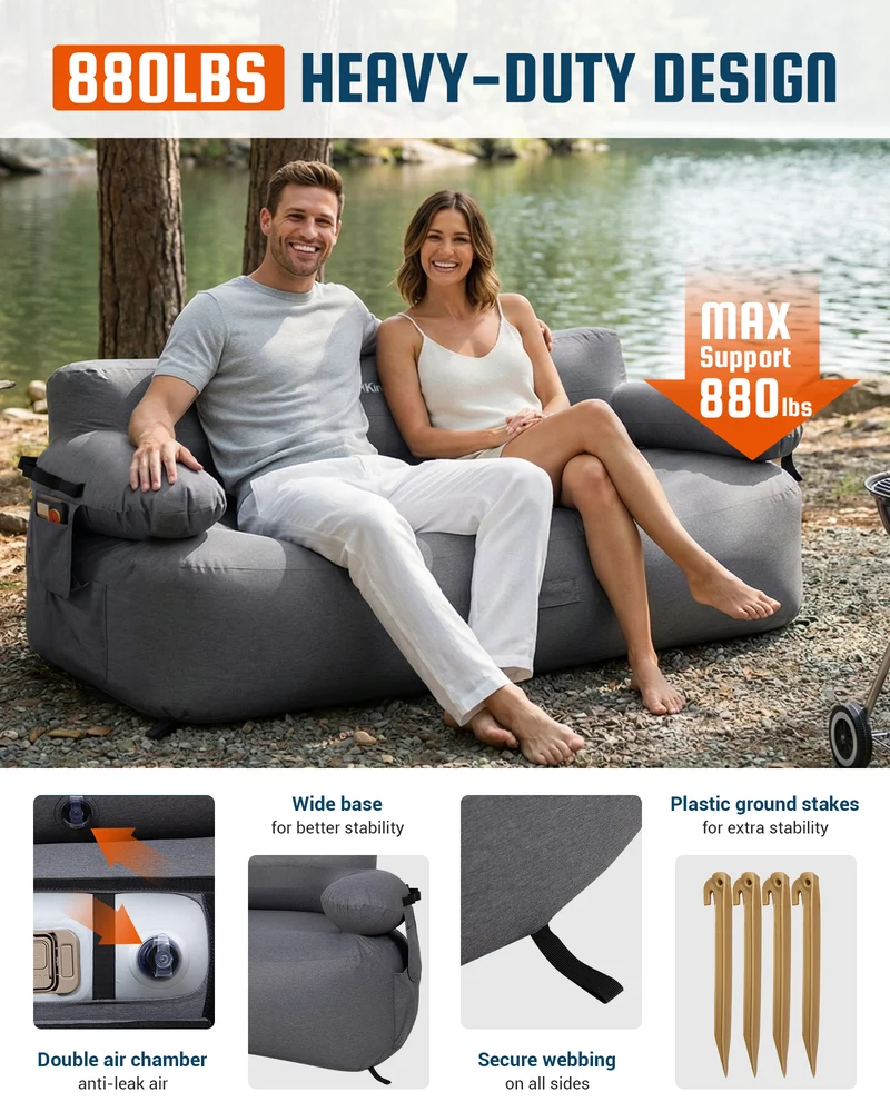KingCamp Double Inflatable Camping Sofa with Built-in Electric Pump | 880LB Heavy Duty 2-Person Outdoor Air Loveseat