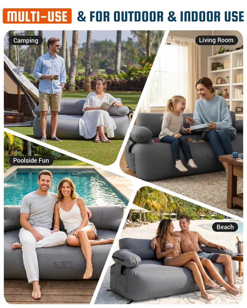 KingCamp Double Inflatable Camping Sofa with Built-in Electric Pump | 880LB Heavy Duty 2-Person Outdoor Air Loveseat