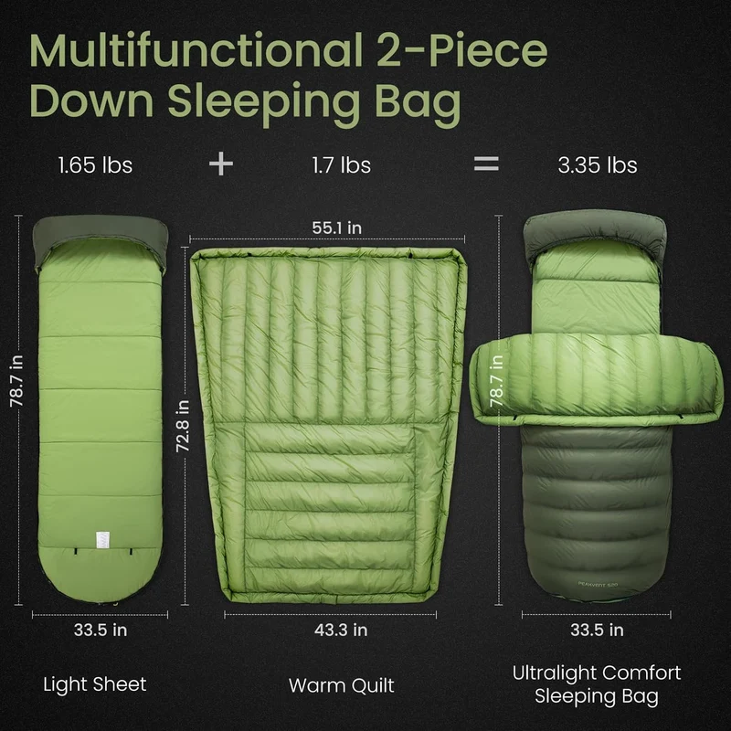 ATEPA PEAKVENT 520 3-in-1 Backpacking Sleeping Bag | 650FP Down Blend, Detachable Top Quilt & Pad Cover