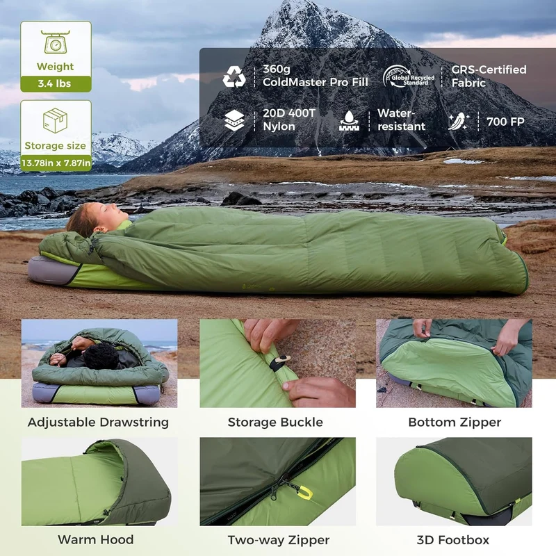 ATEPA PEAKVENT 520 3-in-1 Backpacking Sleeping Bag | 650FP Down Blend, Detachable Top Quilt & Pad Cover