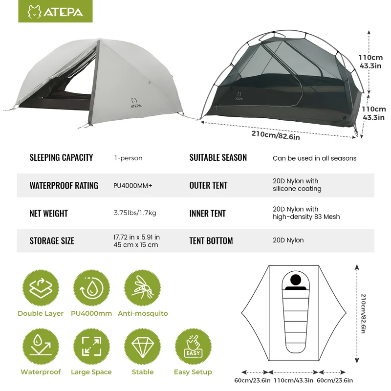 ATEPA 4-Season Solo Backpacking Tent with Mesh Inner for Hiking, Bikepacking & Motorcycle Camping