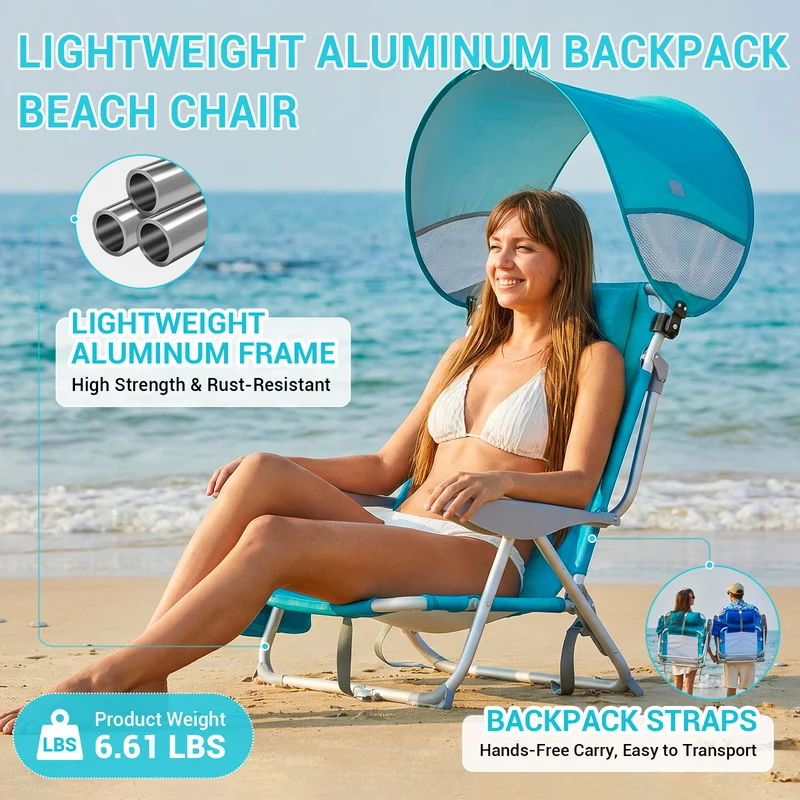 WEJOY WAVORA B10 PLUS Beach Chair with Canopy Shade | 4-Position Reclining Camping Chair with UPF50+ Sun Shade