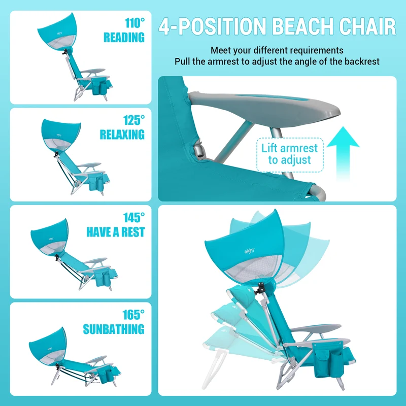WEJOY WAVORA B10 PLUS Beach Chair with Canopy Shade | 4-Position Reclining Camping Chair with UPF50+ Sun Shade