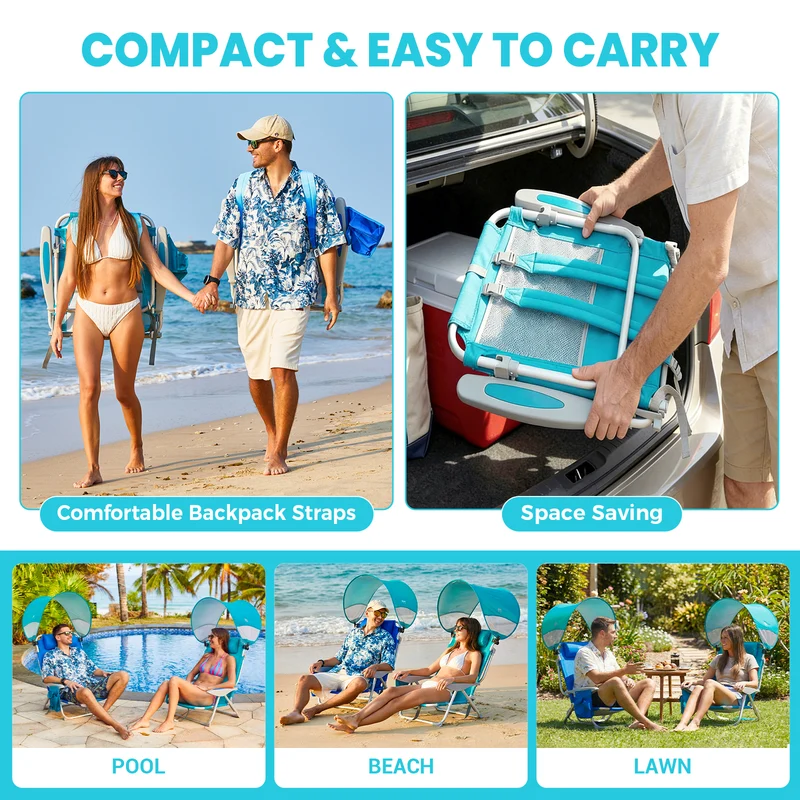 WEJOY WAVORA B10 PLUS Beach Chair with Canopy Shade | 4-Position Reclining Camping Chair with UPF50+ Sun Shade