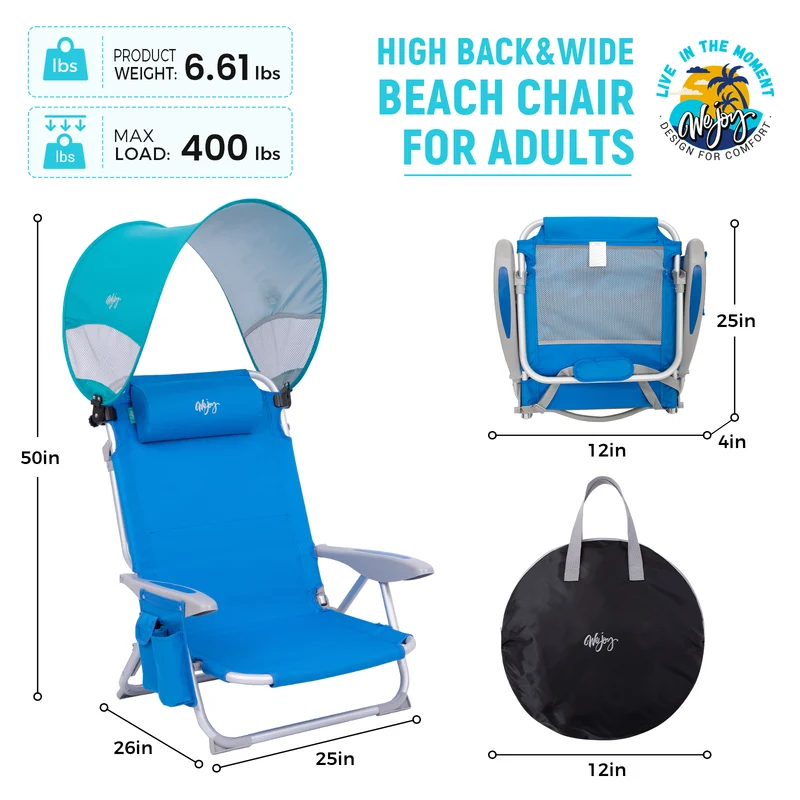 WEJOY WAVORA B10 PLUS Beach Chair with Canopy Shade | 4-Position Reclining Camping Chair with UPF50+ Sun Shade
