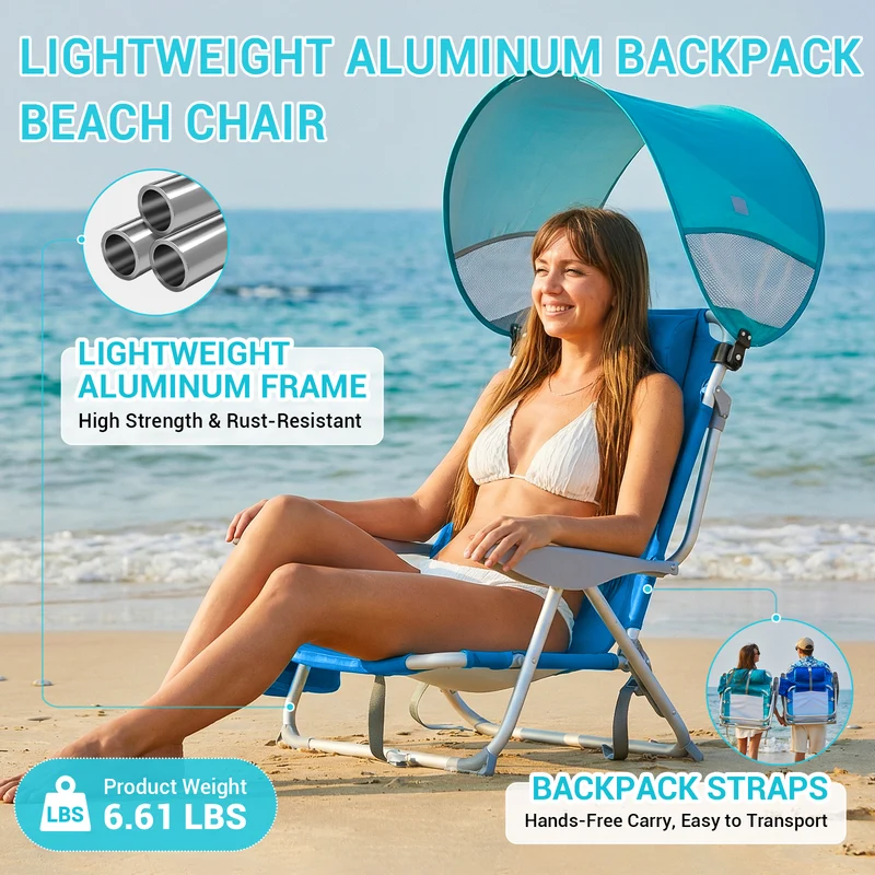 WEJOY WAVORA B10 PLUS Beach Chair with Canopy Shade | 4-Position Reclining Camping Chair with UPF50+ Sun Shade