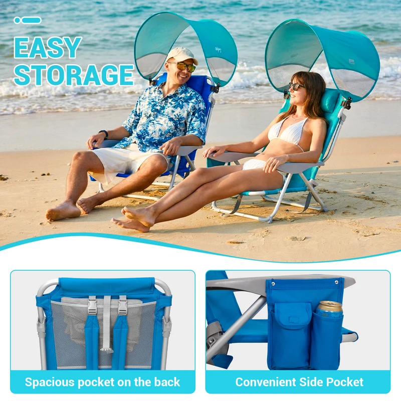 WEJOY WAVORA B10 PLUS Beach Chair with Canopy Shade | 4-Position Reclining Camping Chair with UPF50+ Sun Shade