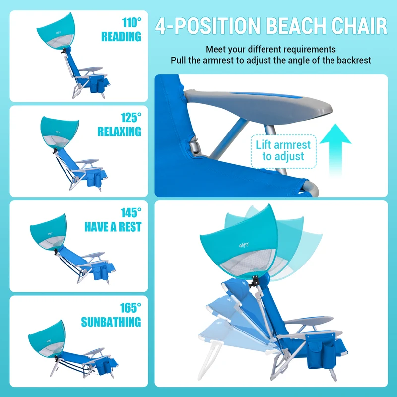 WEJOY WAVORA B10 PLUS Beach Chair with Canopy Shade | 4-Position Reclining Camping Chair with UPF50+ Sun Shade
