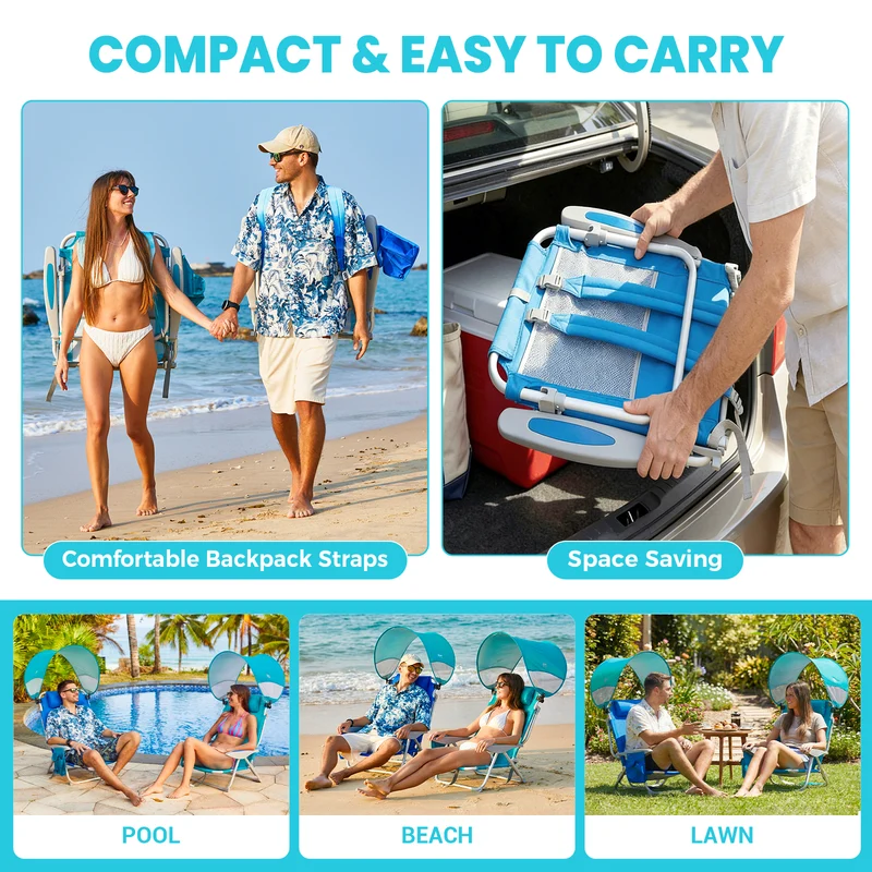 WEJOY WAVORA B10 PLUS Beach Chair with Canopy Shade | 4-Position Reclining Camping Chair with UPF50+ Sun Shade