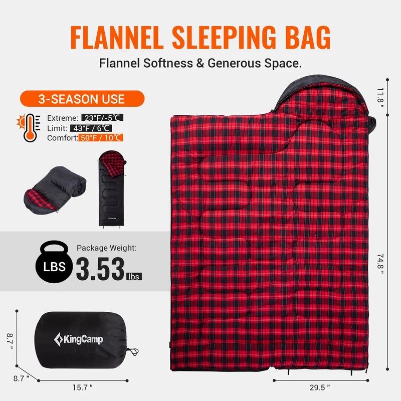 KingCamp Oasis C 250 Sleeping Bag | 3-Season Cotton Flannel-Lined Envelope Bag