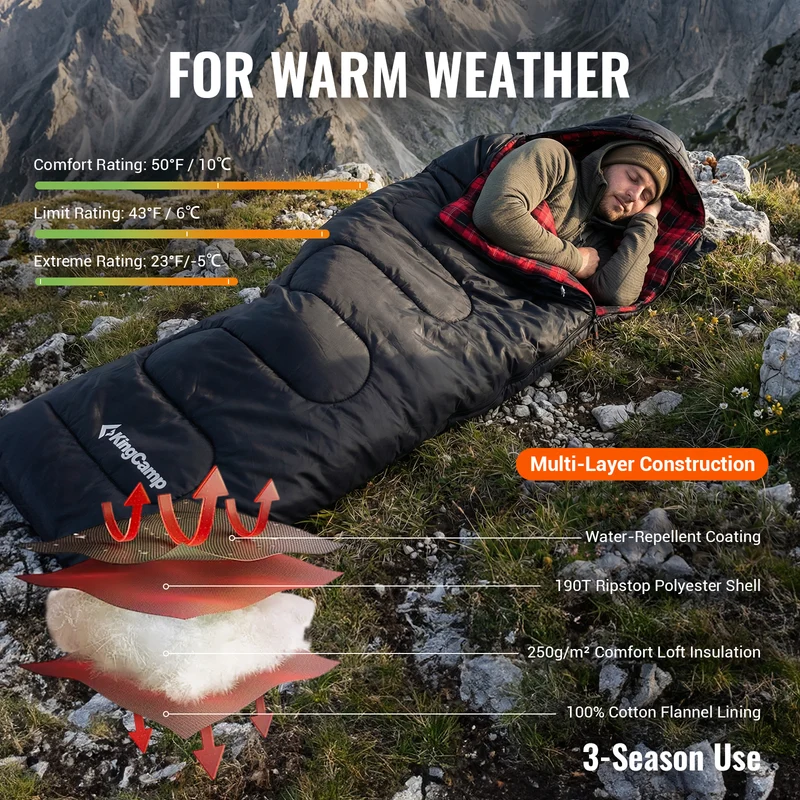 KingCamp Oasis C 250 Sleeping Bag | 3-Season Cotton Flannel-Lined Envelope Bag