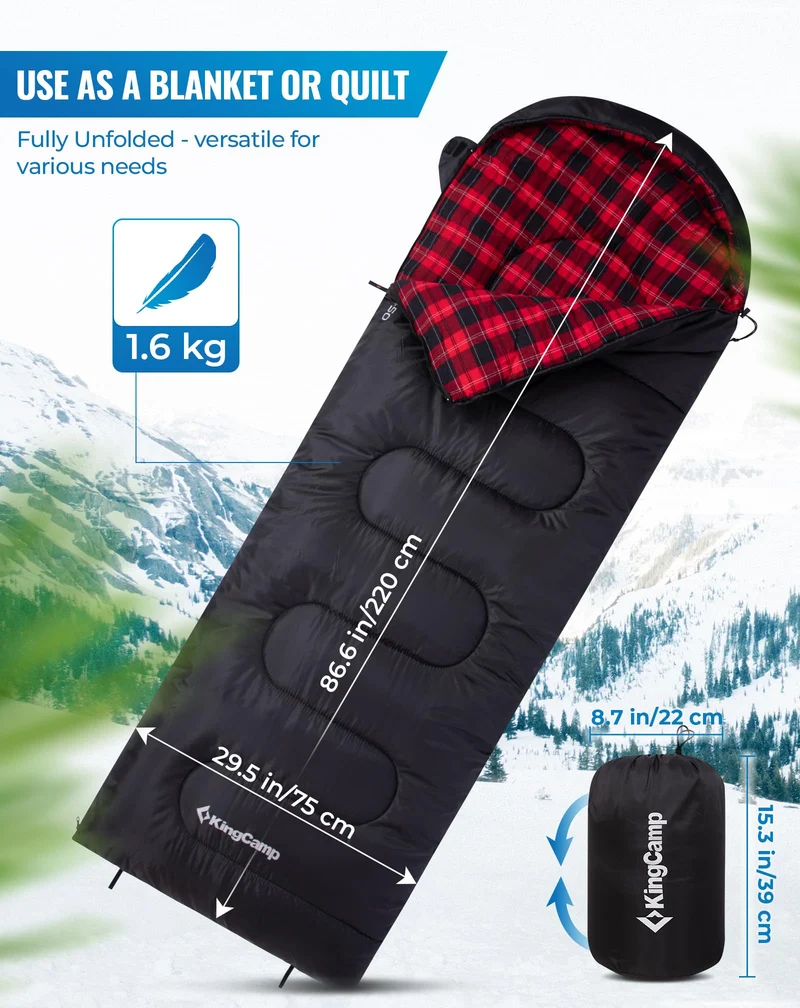 KingCamp Oasis C 250 Sleeping Bag | 3-Season Cotton Flannel-Lined Envelope Bag