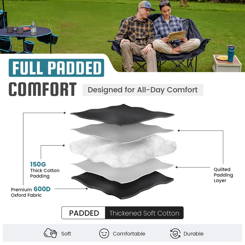 FUNDANGO Horizon Bliss P2 Double Folding Camping Loveseat | 2-Person Padded Outdoor Couch with Cup Holders Heavy Duty 880lb Capacity