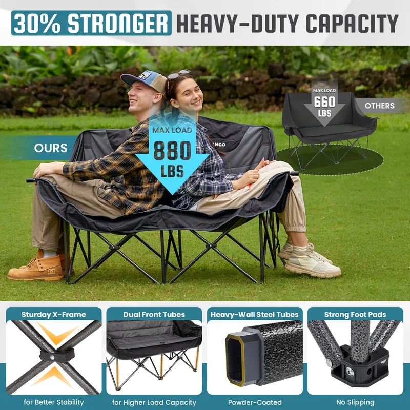 FUNDANGO Horizon Bliss P2 Double Folding Camping Loveseat | 2-Person Padded Outdoor Couch with Cup Holders Heavy Duty 880lb Capacity