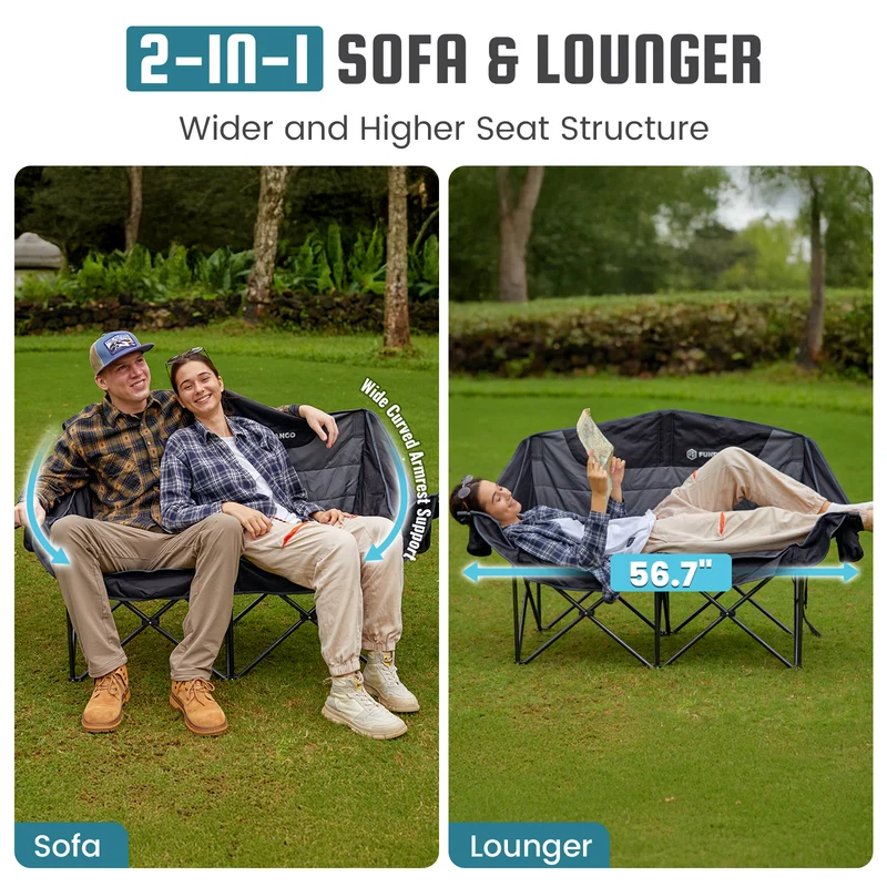 FUNDANGO Horizon Bliss P2 Double Folding Camping Loveseat | 2-Person Padded Outdoor Couch with Cup Holders Heavy Duty 880lb Capacity