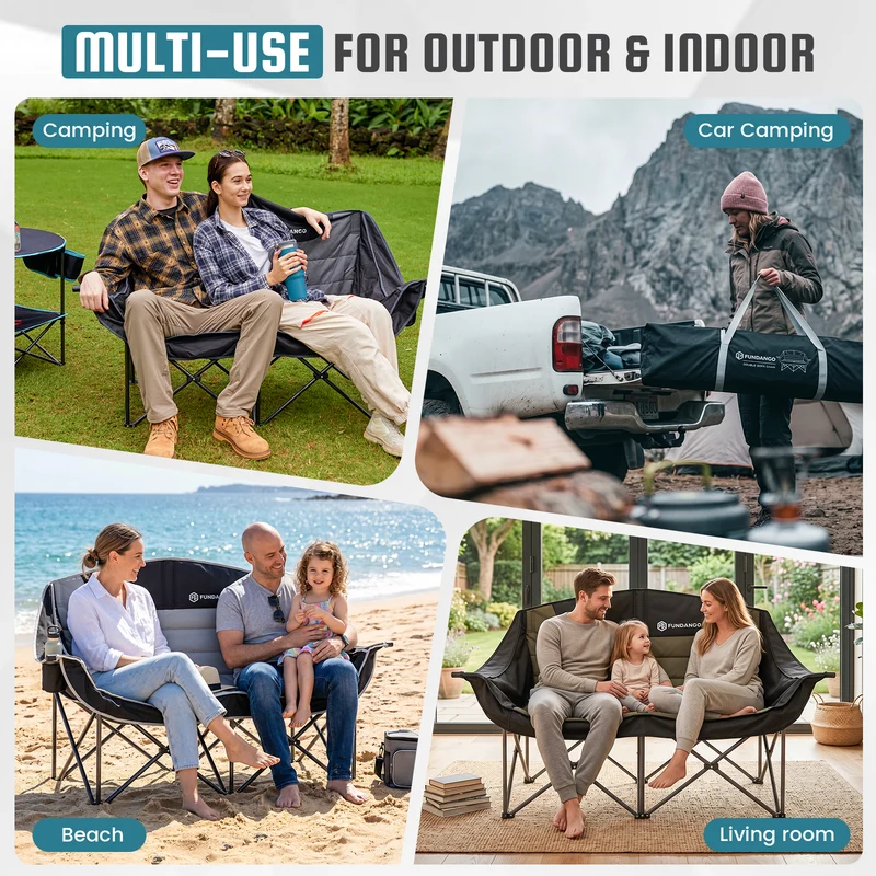FUNDANGO Horizon Bliss P2 Double Folding Camping Loveseat | 2-Person Padded Outdoor Couch with Cup Holders Heavy Duty 880lb Capacity
