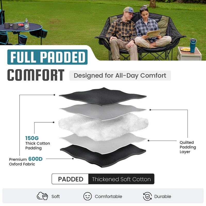FUNDANGO Horizon Bliss P2 Double Folding Camping Loveseat | 2-Person Padded Outdoor Couch with Cup Holders Heavy Duty 880lb Capacity