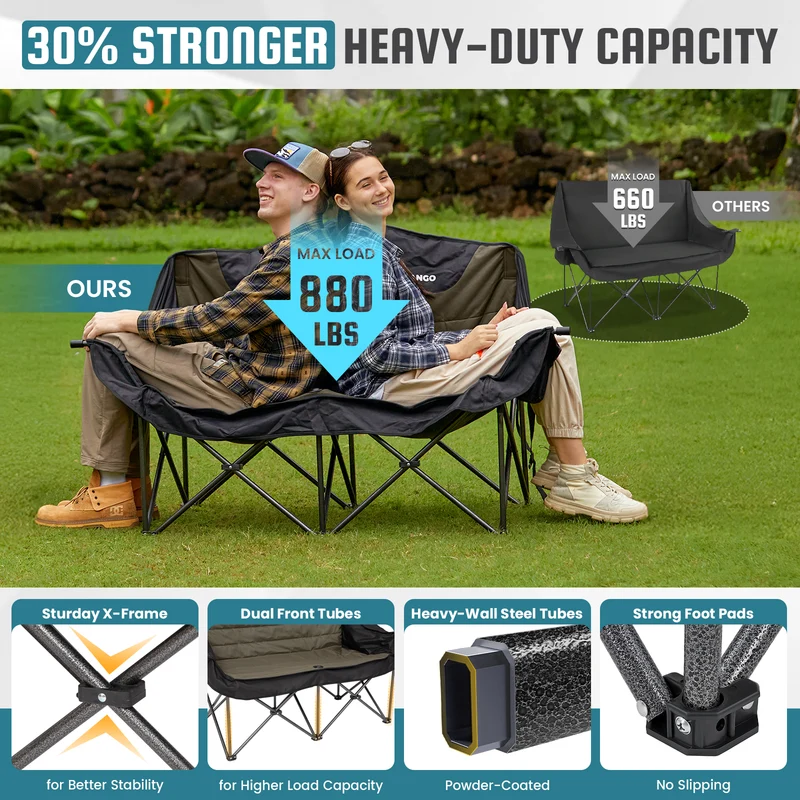 FUNDANGO Horizon Bliss P2 Double Folding Camping Loveseat | 2-Person Padded Outdoor Couch with Cup Holders Heavy Duty 880lb Capacity