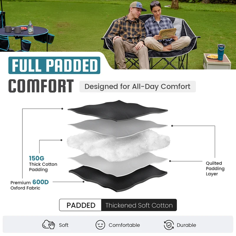 FUNDANGO Horizon Bliss P2 Double Folding Camping Loveseat | 2-Person Padded Outdoor Couch with Cup Holders Heavy Duty 880lb Capacity