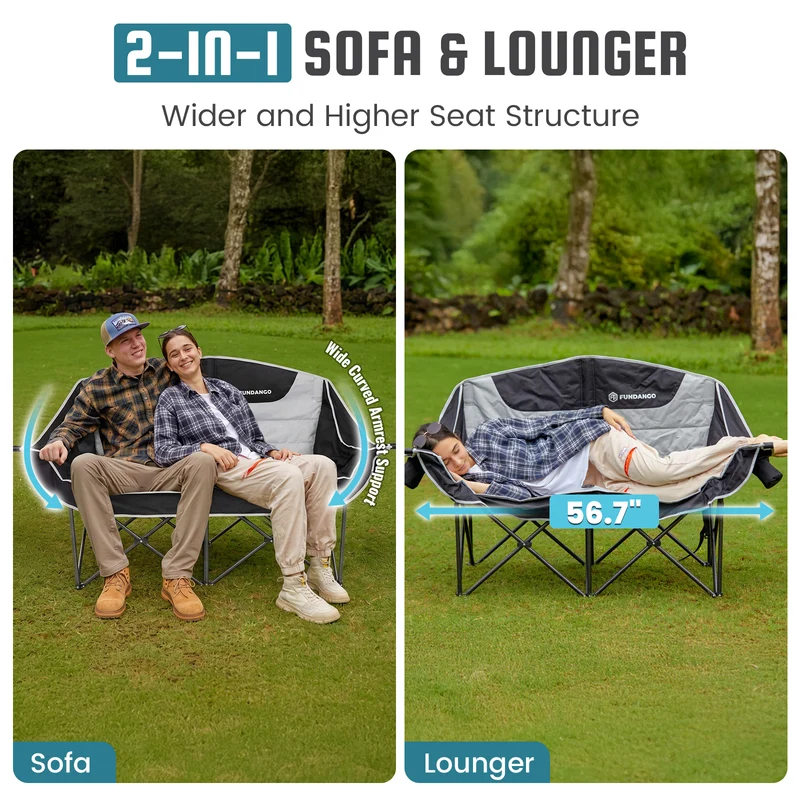 FUNDANGO Horizon Bliss P2 Double Folding Camping Loveseat | 2-Person Padded Outdoor Couch with Cup Holders Heavy Duty 880lb Capacity