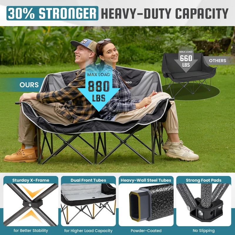 FUNDANGO Horizon Bliss P2 Double Folding Camping Loveseat | 2-Person Padded Outdoor Couch with Cup Holders Heavy Duty 880lb Capacity