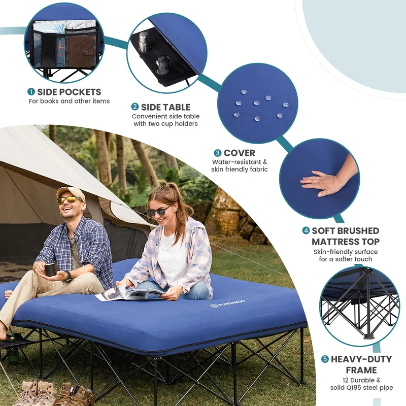 FUNDANGO CloudPio D2 Queen Camping Cot with Detachable Air Mattress | 2-Person Oversized Folding Double Bed, 700lb Capacity Portable Outdoor Cot