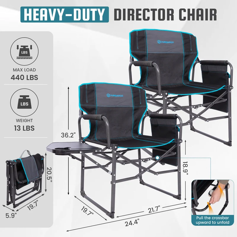 FUNDANGO FoldPro Refine L Director Chair with Side Table | Heavy Duty 440lb Capacity Camping Chair