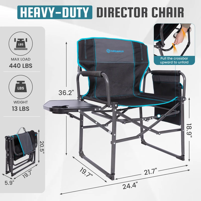 FUNDANGO FoldPro Refine L Director Chair with Side Table | Heavy Duty 440lb Capacity Camping Chair